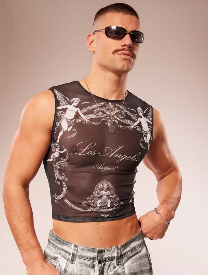 Fevercity Men's Angle Print Casual Fashion Tank Top Men Rave Top Men Mesh Crop Top Men Top Men's Graphic cropped Top Los Angeles Mesh Top